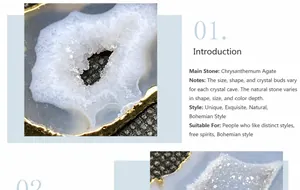 Dettaglio di fetta di geode di agata naturale con bordo in oro 14K e druzy di cristallo