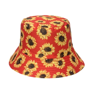 Women's reversible sun hat with red base and vibrant sunflower floral print patterns