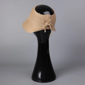 Khaki knitted wide brim visor hat for women with elegant back bow tie detail