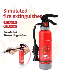 Detail of firefighter toy showing spray nozzle and manual pull pump for kids