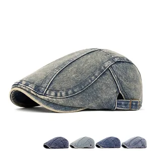 Vintage Washed Denim Forward Cap Adjustable Metal Buckle Retro Cotton Flat Cap Beret For Women Men Casual Hat