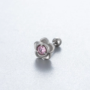 Clou d'oreille fleur en acier chirurgical avec zircon rose et fermoir à vis boule