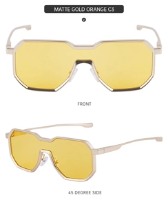 Front and 45-degree side views of matte gold sunglasses with orange hexagonal lenses