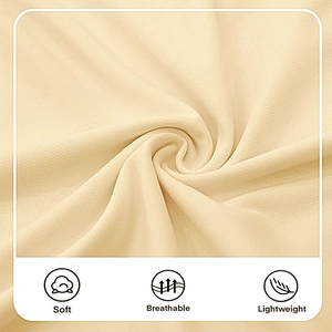 Close-up of beige knitted fabric showing texture with soft breathable and lightweight labels