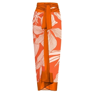 Vibrant orange floral print wrap skirt beach cover-up with stylish waist tie detail