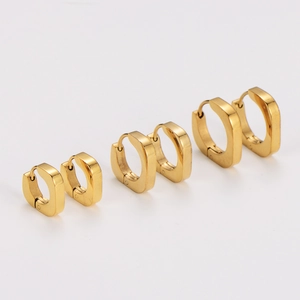 Three sizes of polished gold square hoop earrings made of minimalist stainless steel