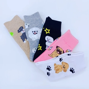 Detailed flat lay of five pairs of cotton socks featuring cute cartoon dog embroidery