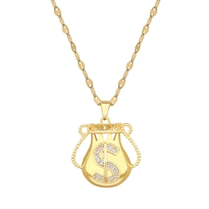Golden titanium steel money bag necklace with crystal dollar sign pendant on white background