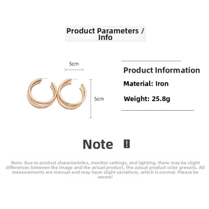 Three-layer gold geometric hoop earrings made of iron, 5cm diameter and 25.8g weight