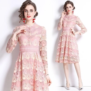 Robe Brodée En Dentelle Rose Femmes Manches Longues Col Montant Élégante Ligne A Midi Robes Vintage Crochet