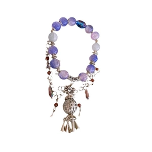 Exquisite beaded flower wind chime bracelet with purple beads and silver tassel pendant