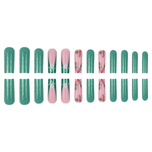Christmas press-on nails with green glitter, snowflake patterns and holly berry designs