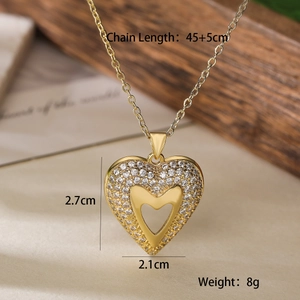 Detail shot showing 2.7cm heart pendant dimensions and 45cm chain length of gold necklace