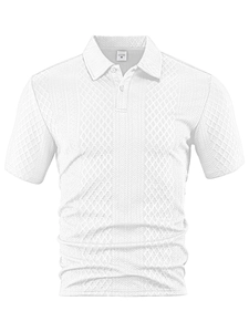 Detailed view of white men's Polo shirt featuring premium jacquard diamond fabric texture