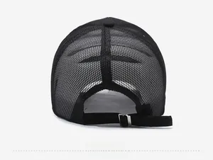 Detail view of the breathable black mesh back and adjustable metal buckle strap on a cap