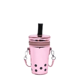Sac seau bandoulière rose verni en forme de thé aux perles avec paille décorative