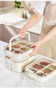 Portable spice storage box with handle and clear lids for kitchen seasoning organization