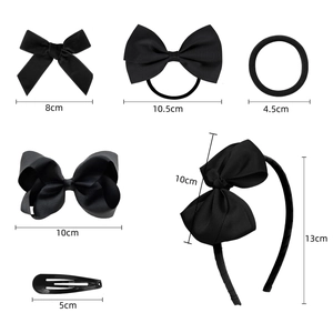 15-piece black ribbed bow hair clips and headband set with detailed size measurements