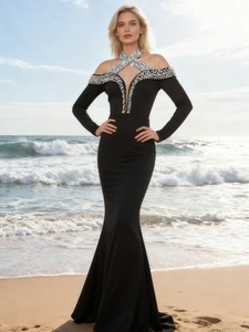 Mermaid Evening Dress Halter Neck Off Shoulder Long Sleeve Rhinestone Artificial Pearl Decor Slim Fit Formal Gown For Women