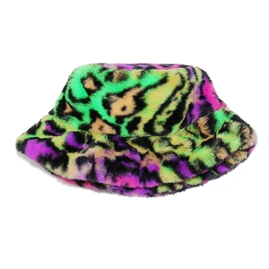 Plush faux fur bucket hat featuring vibrant multicolor leopard print and soft texture