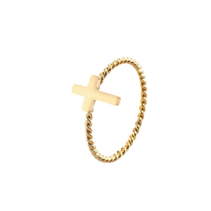 Minimalist golden twisted rope ring featuring a sleek cross design on white background