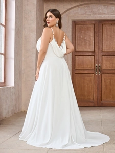 Elegant white satin plus size bridal gown with cowl back and long sweeping train