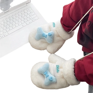 Plush white bone-pattern mittens with blue bow and Hello embroidery for winter warmth