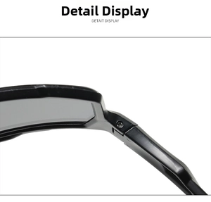 Close-up of durable hinge detail and metal screw on black sports sunglasses frame