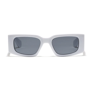 Y2K futuristic white rectangular sunglasses with dark grey lenses in a retro punk style