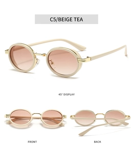 Dettaglio a tre viste di occhiali da sole ovali beige steampunk con ponte in metallo oro