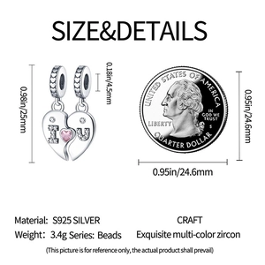 S925 silver heart love charm with colorful zircons and size comparison to a coin