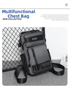 Detail showing grey multi-layer crossbody chest bag with durable textured fabric and zippers