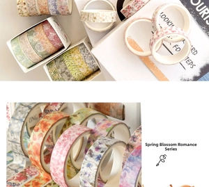 Detailed close-up of floral washi tape set featuring rose and leaf patterns in a white box