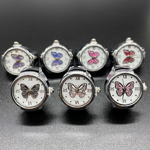 Silver quartz ring watch set for couples featuring butterfly patterns and Roman numerals