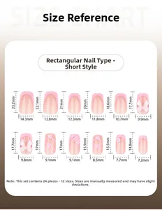 Detailed size chart for pink French press-on nails with 12 sizes and measurements
