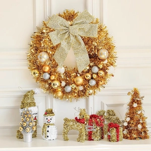 45cm gold Christmas wreath with glitter bow, ornaments, reindeer and snowman set