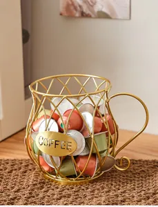 Golden metal wire coffee capsule holder cup shape with decorative coffee label plaque