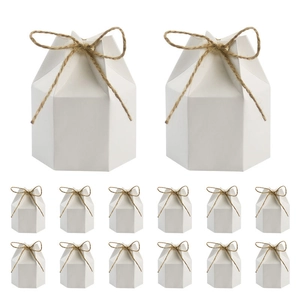 White hexagonal kraft paper gift boxes with hemp rope decoration in a multi-pack set