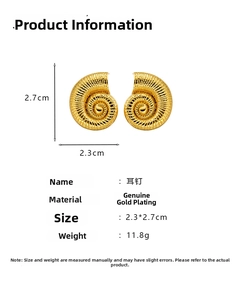 Detail view of gold-plated geometric conch earrings with shell texture and measurements