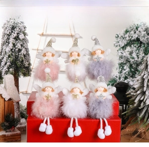 Detailed view of six plush feather angel ornaments for Christmas tree decoration