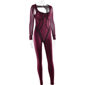 Detail view of burgundy long sleeve bodysuit with black lines and open back design