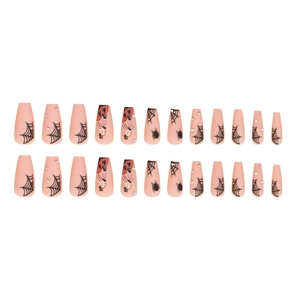 Halloween coffin fake nails set featuring 24pcs spider web and pumpkin designs with rhinestones