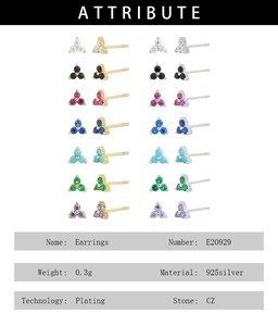 Detailed chart showing S925 sterling silver triangle earrings with colorful CZ stones