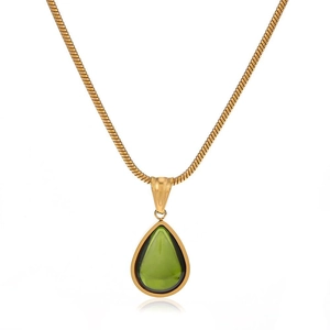 Französische Vintage-Halskette aus Edelstahl mit grünem Tropfenanhänger an goldener Kette