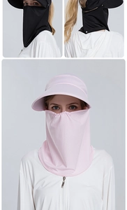 Detail of breathable mesh sunscreen hat with full face mask and wide brim protection