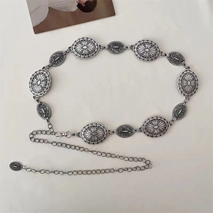 Vintage bohemian silver metal waist chain with floral engravings for dresses
