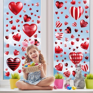 3D heart window stickers set with red and plaid patterns for festive decoration