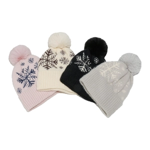 Winter faux mink fur knit hats with large snowflake patterns and soft pom-pom accents