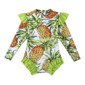 Maillot de bain fille manches longues imprimé ananas avec volants verts décoratifs