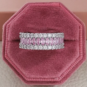 Luxury multi-row eternity ring with marquise pink crystals and white pavé zircons